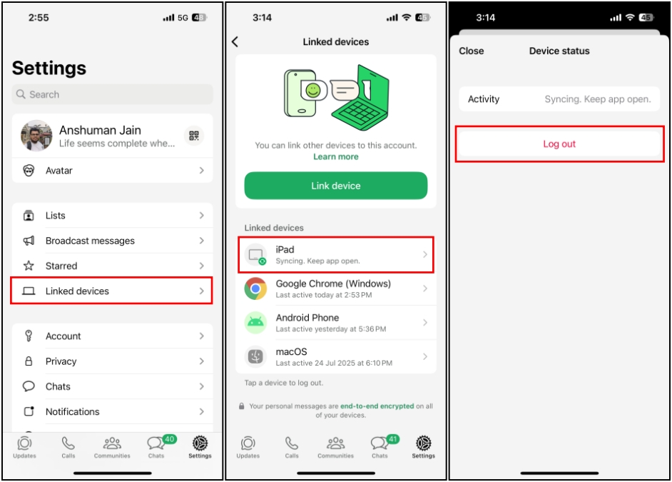 Logging out of WhatsApp on iPad from iPhone