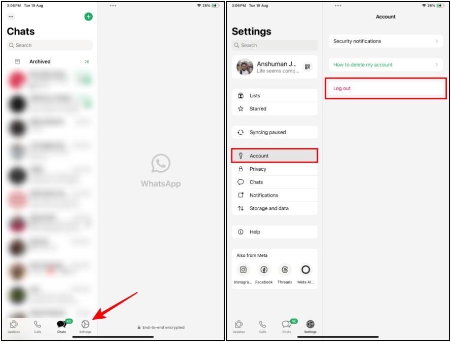 Logging out of your account from WhatsApp on iPad