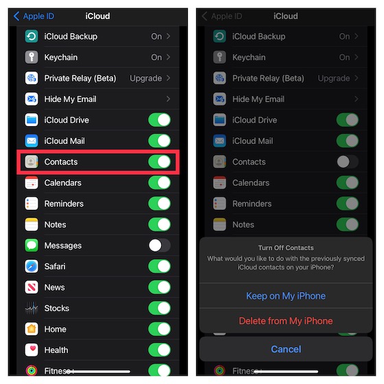 Turn off/on iCloud contacts on iOS 15