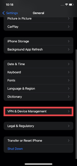 select VPN & Device Management