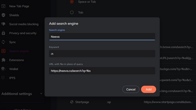 set custom search engine brave