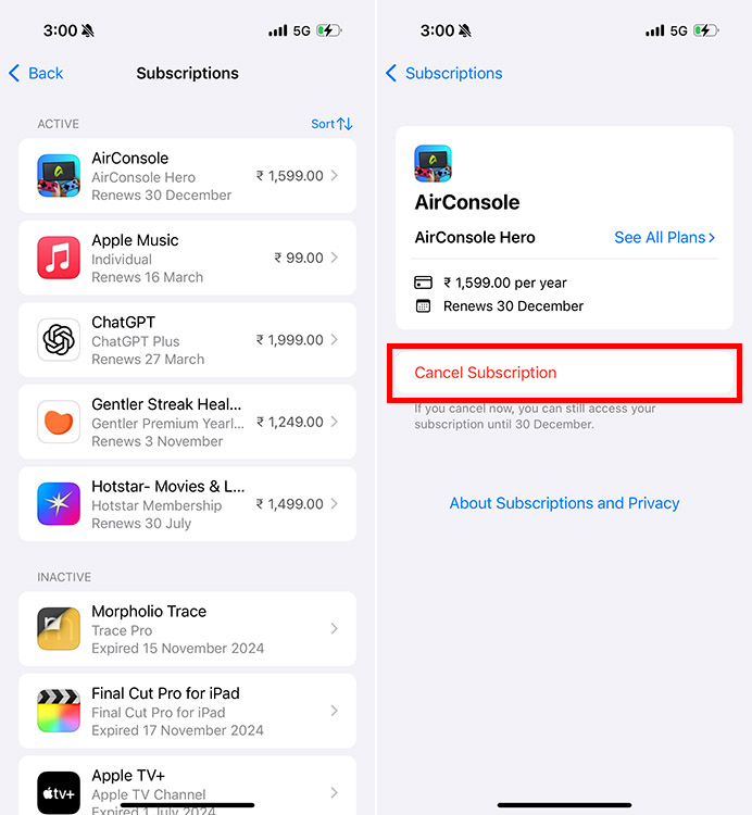 Cancel an active subscription on iPhone