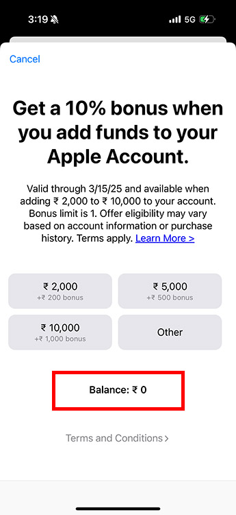 Check Apple ID funds balance on iPhone