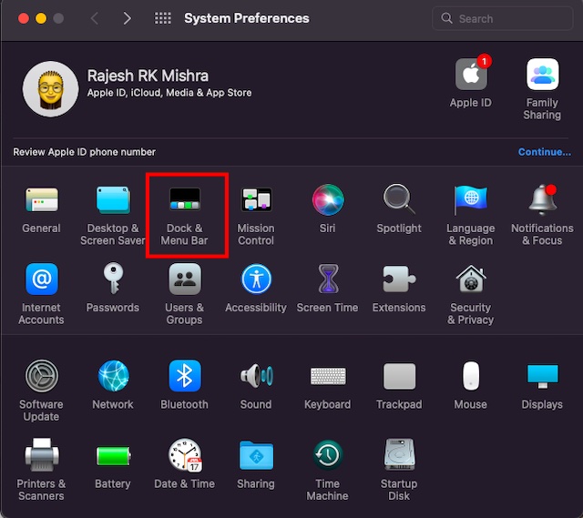 Choose Dock and Menu bar option in the System Preferences on Mac