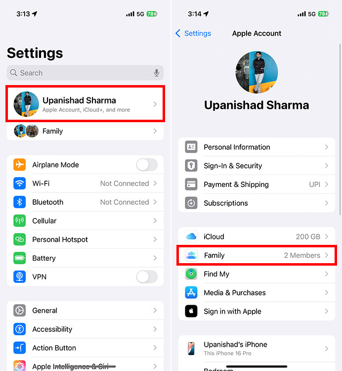 Family settings in iPhone settings app