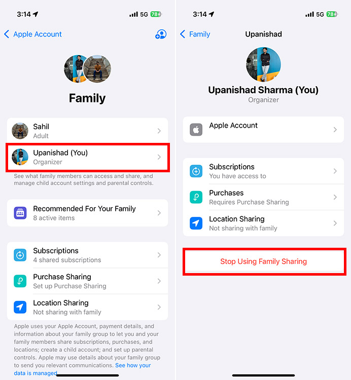 Leave Family Sharing group on iPhone