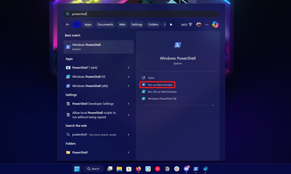 Run as administrator in start menu for powershell