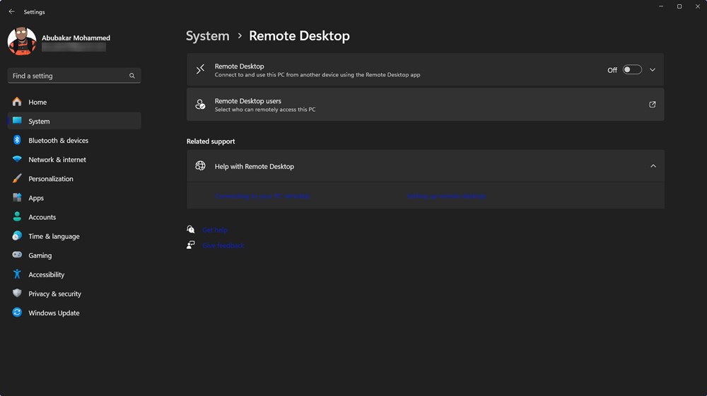 Windows 11 Pro Remote Desktop option in settings