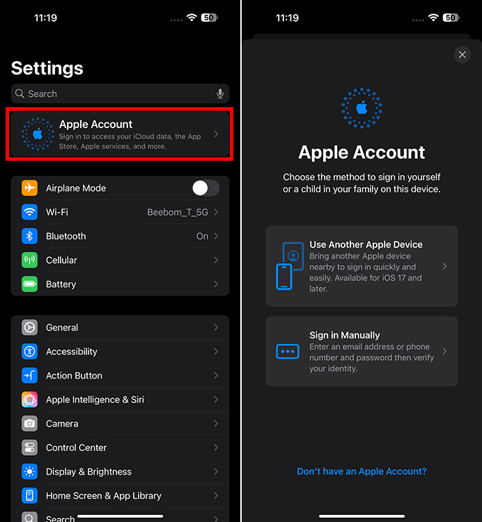 Sign in with different Apple ID on iPhone