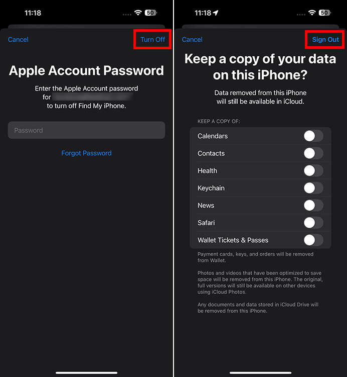 Turn off Apple ID and Sign Out on iPhone