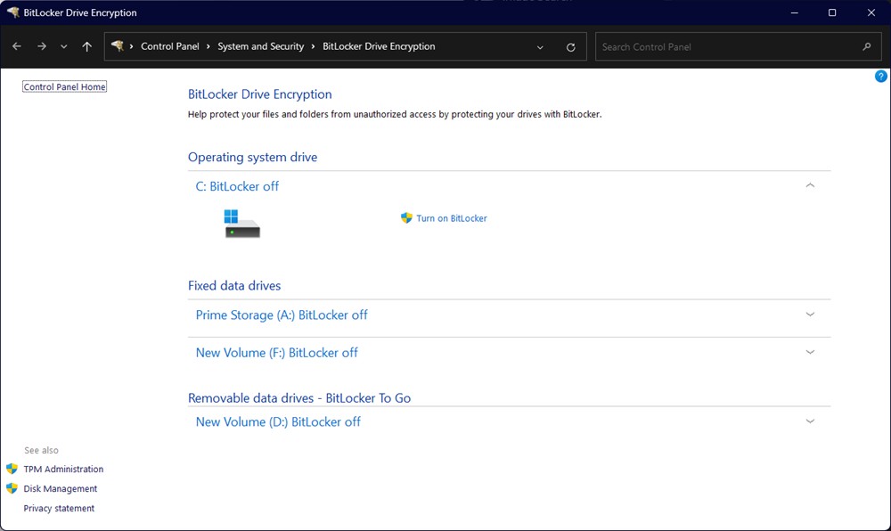 Windows 11 Pro BitLocker off