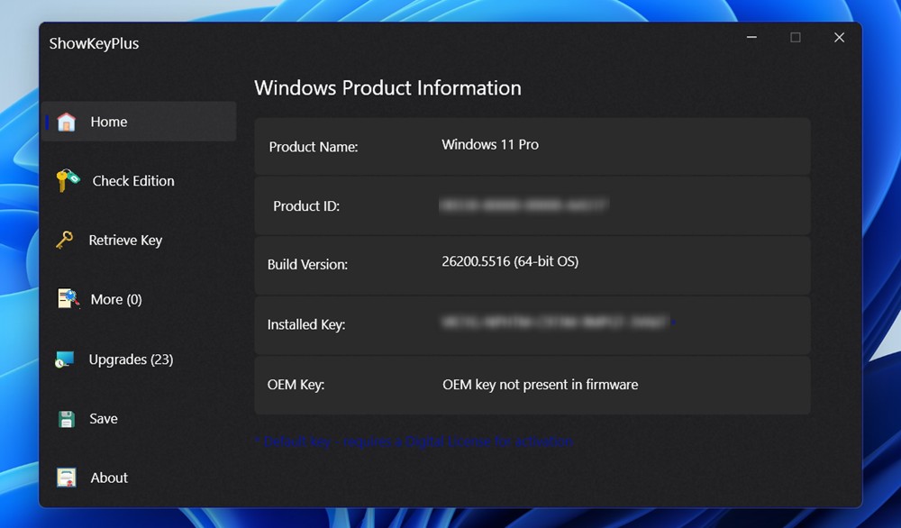 Windows product key with ShowKeyPlus software
