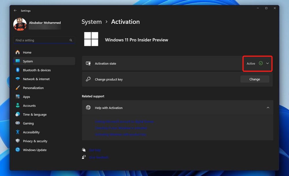Windows active status in the settings