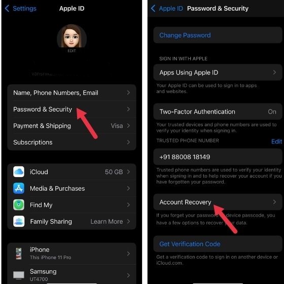 Account Recovery option under Password and Security