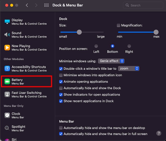 choose the Battery menu bar option in the System Preferences option