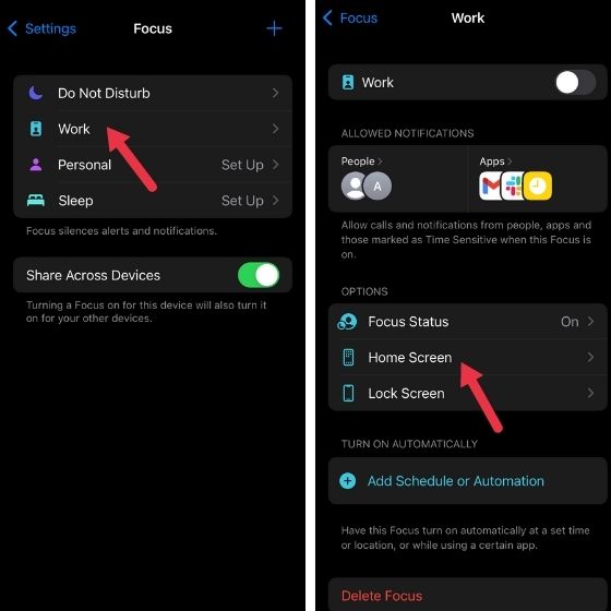 Select Focus mode and then Home screen