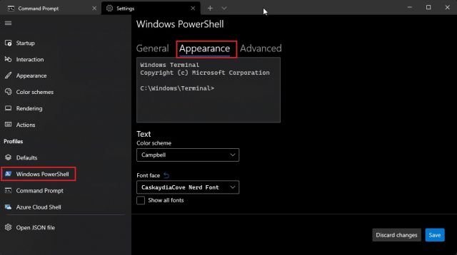 Apply Caskaydia Cove Font to Windows Terminal