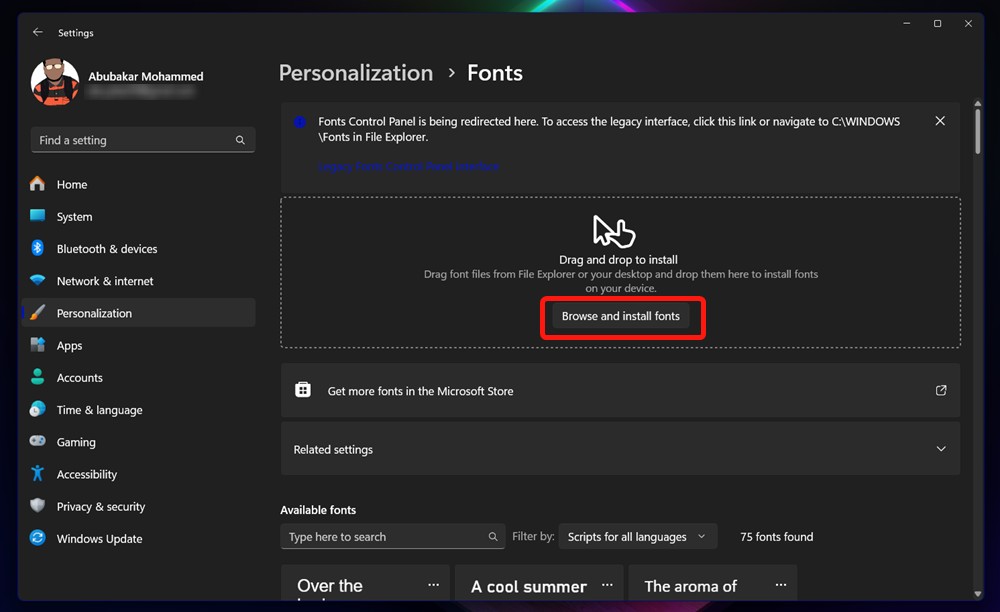 Click browse and install fonts in font settings
