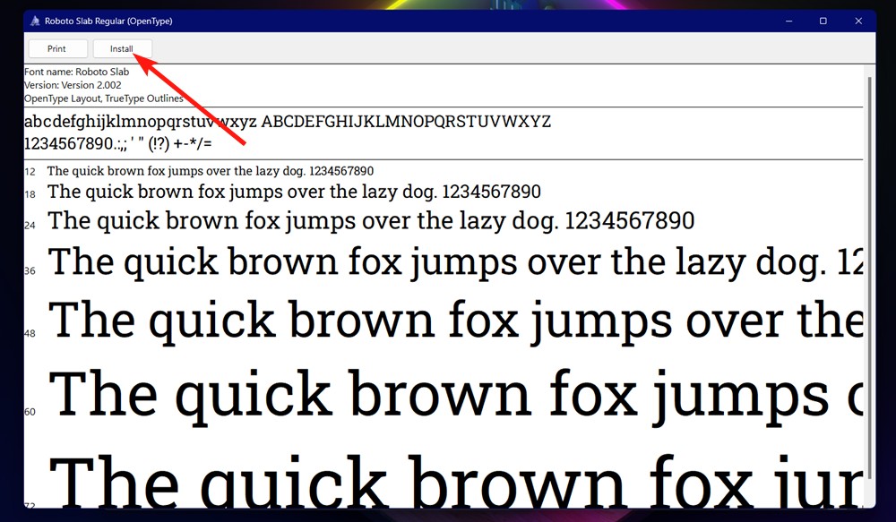 Click install in the window to install the font