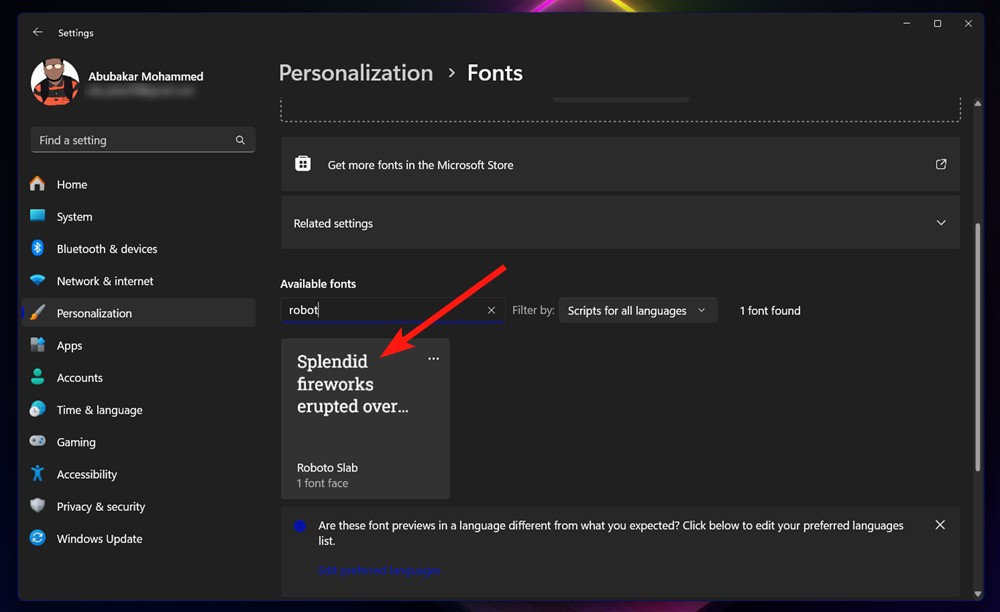 Installed font under the installed font section