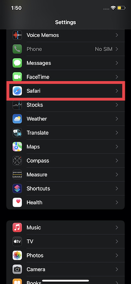 Select Safari in iOS Settings
