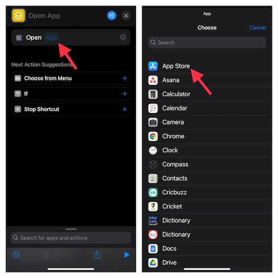 Select app in Shortcuts app on iPhone