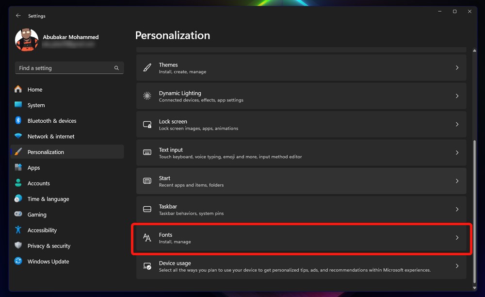 Windows settings app with fonts highlighted