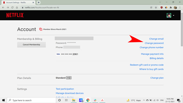 change password option on netflix