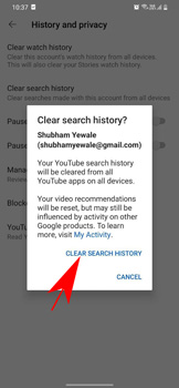 confirm clearing search history on youtube app