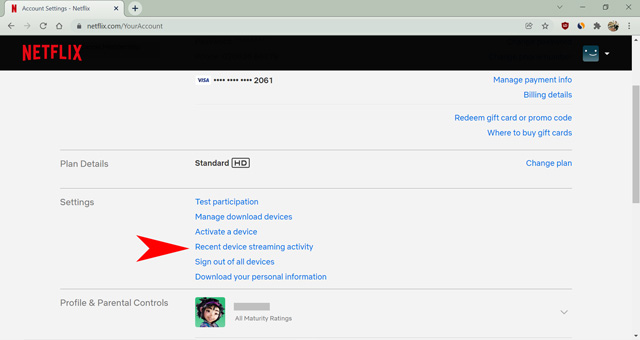 recent device streaming activty option on netflix