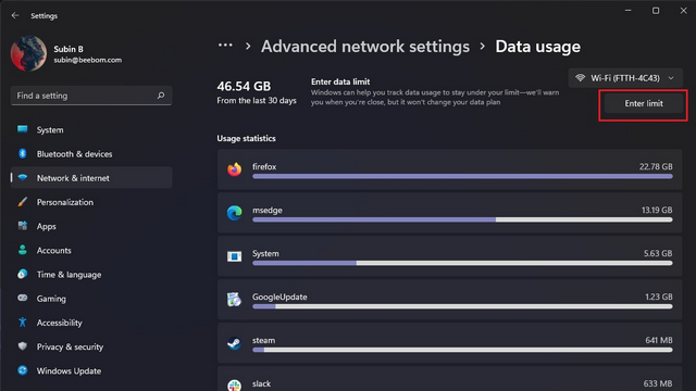 set data limit w11