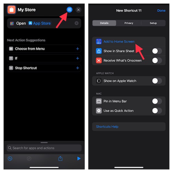tap the menu button in Shortcuts app for iOS