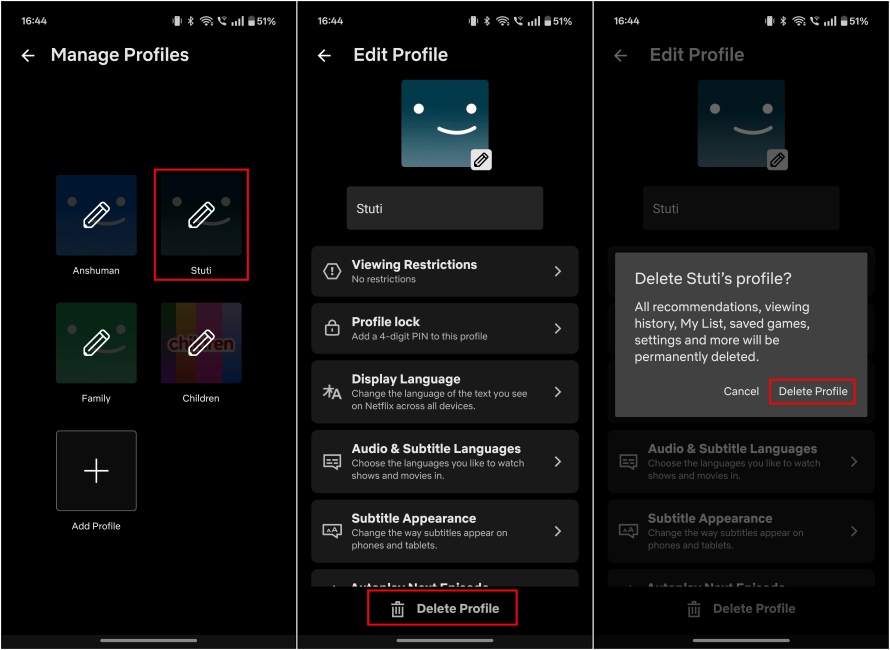 Deleting a profile in Netflix mobile app
