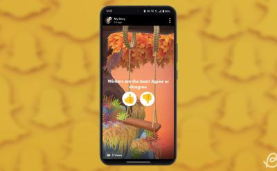 phone featuring the polls sticker on a Snapchat story to showcase the process of creating it, placed in front of a yellow background with scattered Snapchat logos