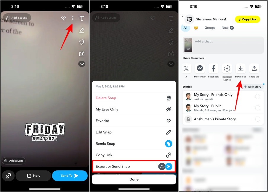 Open Snapchat Memories and download your story