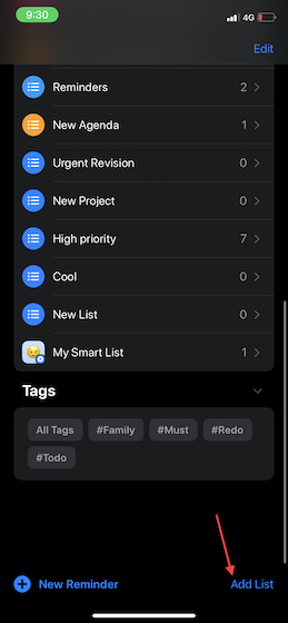 Tap Add List in Reminders app on iPhone and iPad