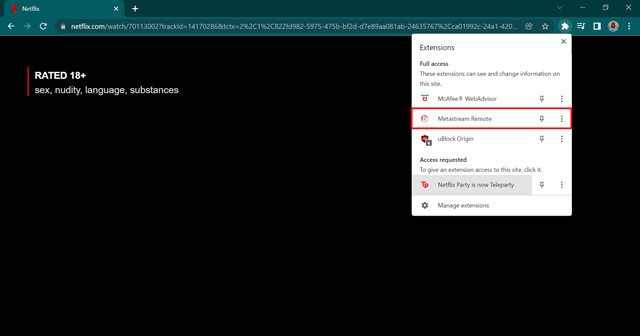 click on the Metastream extesnion in extesnion bar