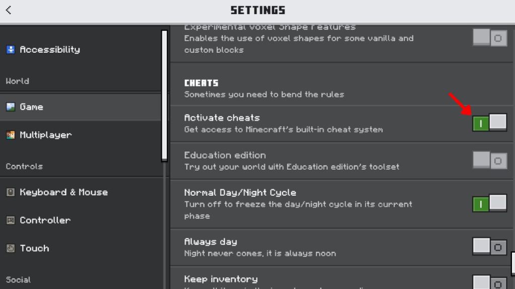 Activate Cheats in Minecraft Bedrock