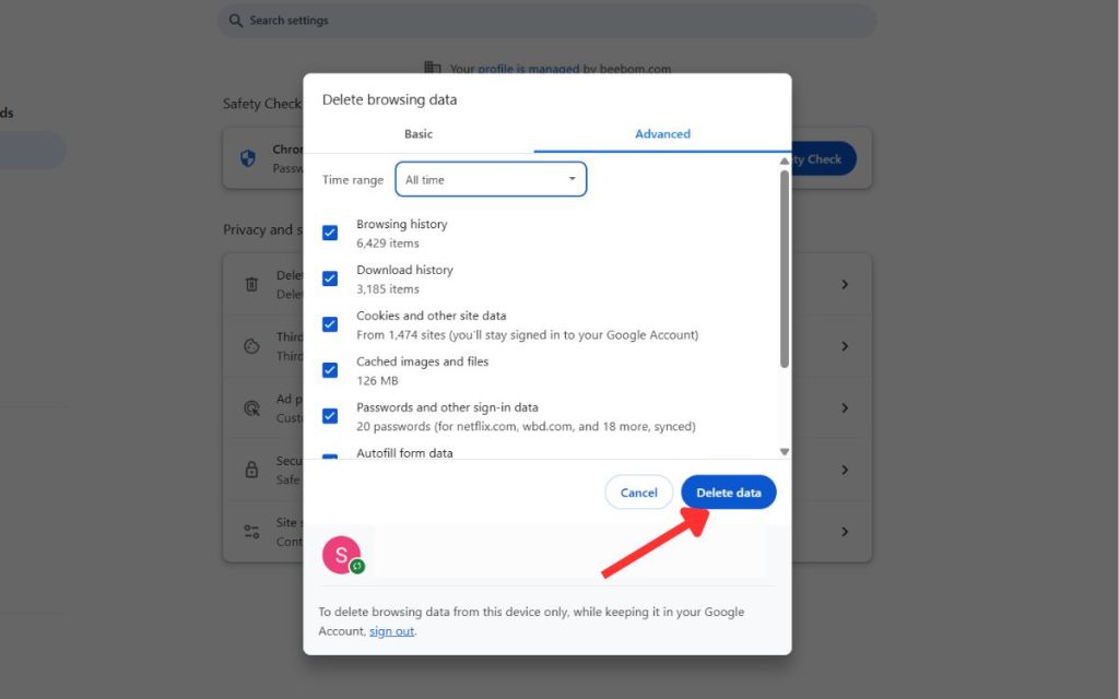 Clearing Data on Google