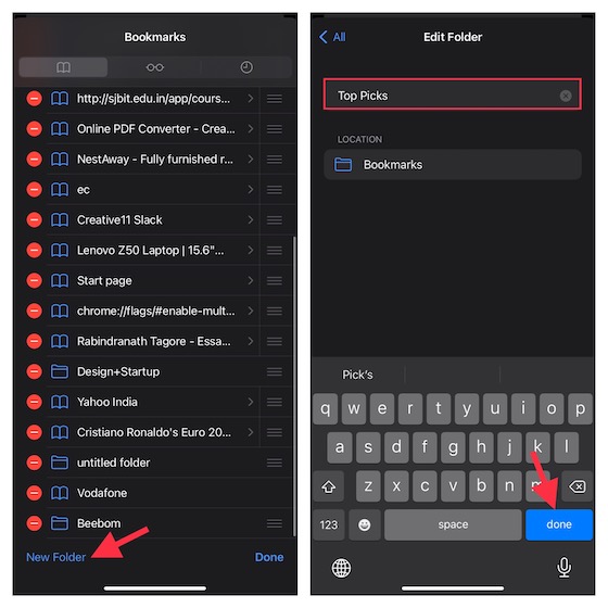 Create a new Safari bookmark folder on iPhone and iPad