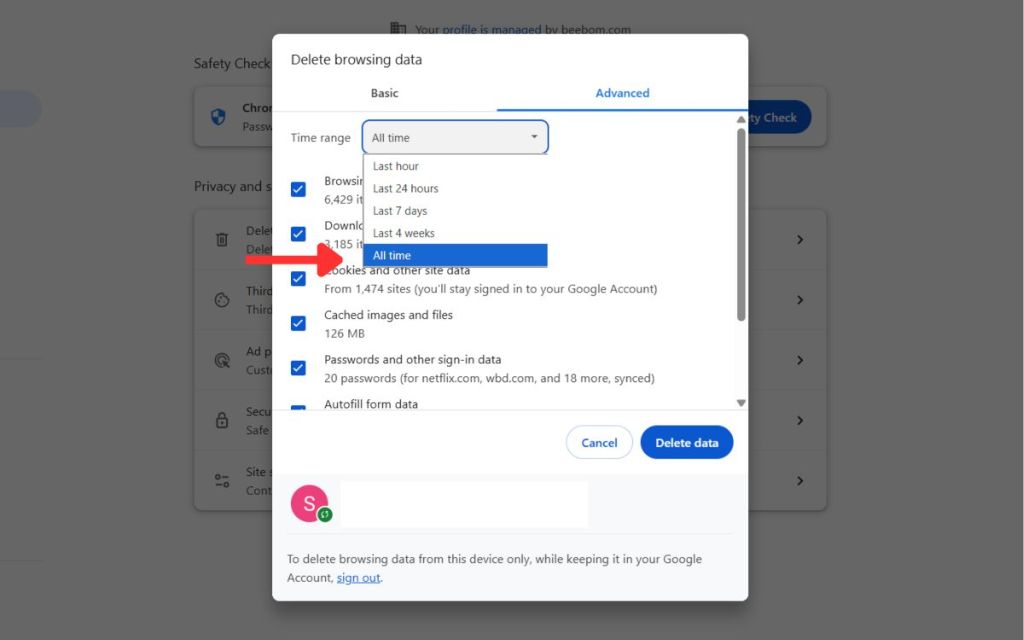 Select All Time While Clearing Browsing Data and Cache
