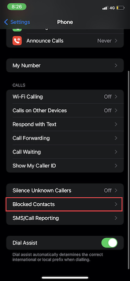 Tap on Blocked Contacts in Phone settings on iOS