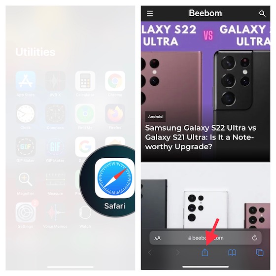 Tap on the Share button in Safari