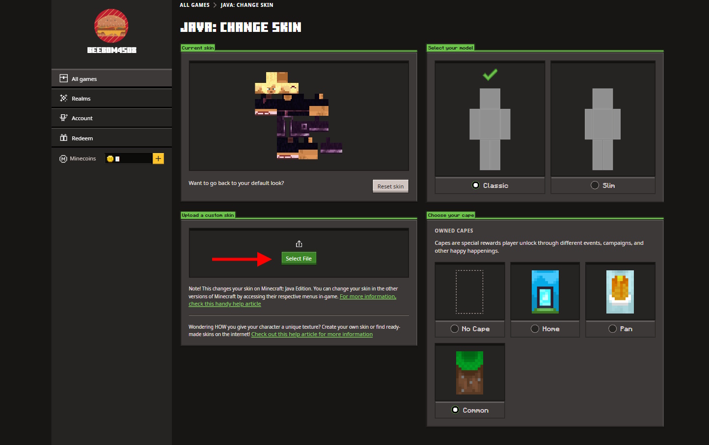 Upload Minecraft skin on Java edition