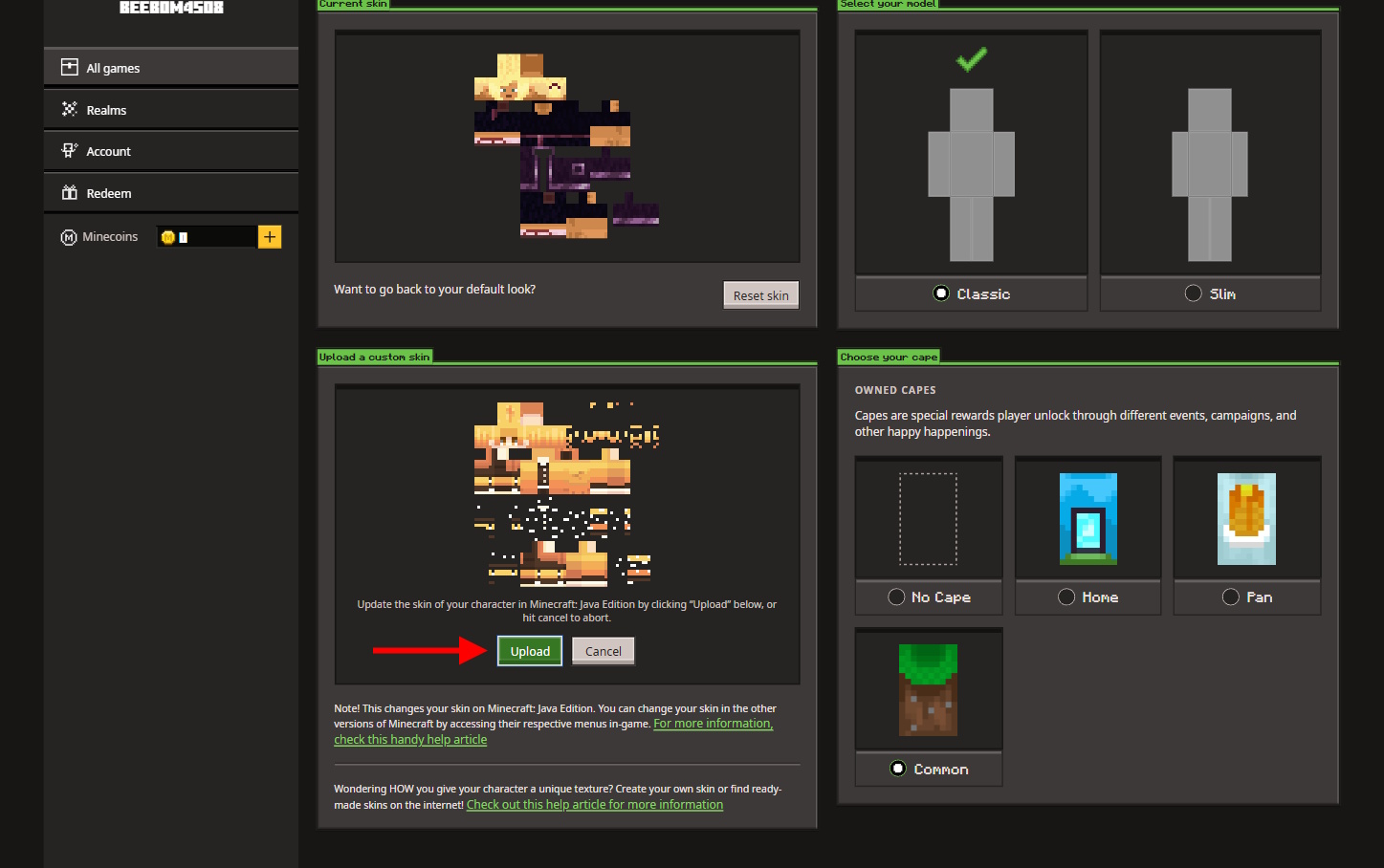 Upload Minecraft skin on Java
