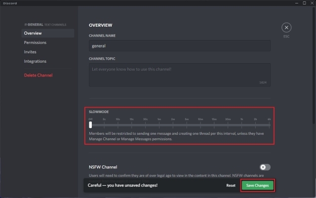disable slow mode and save changes