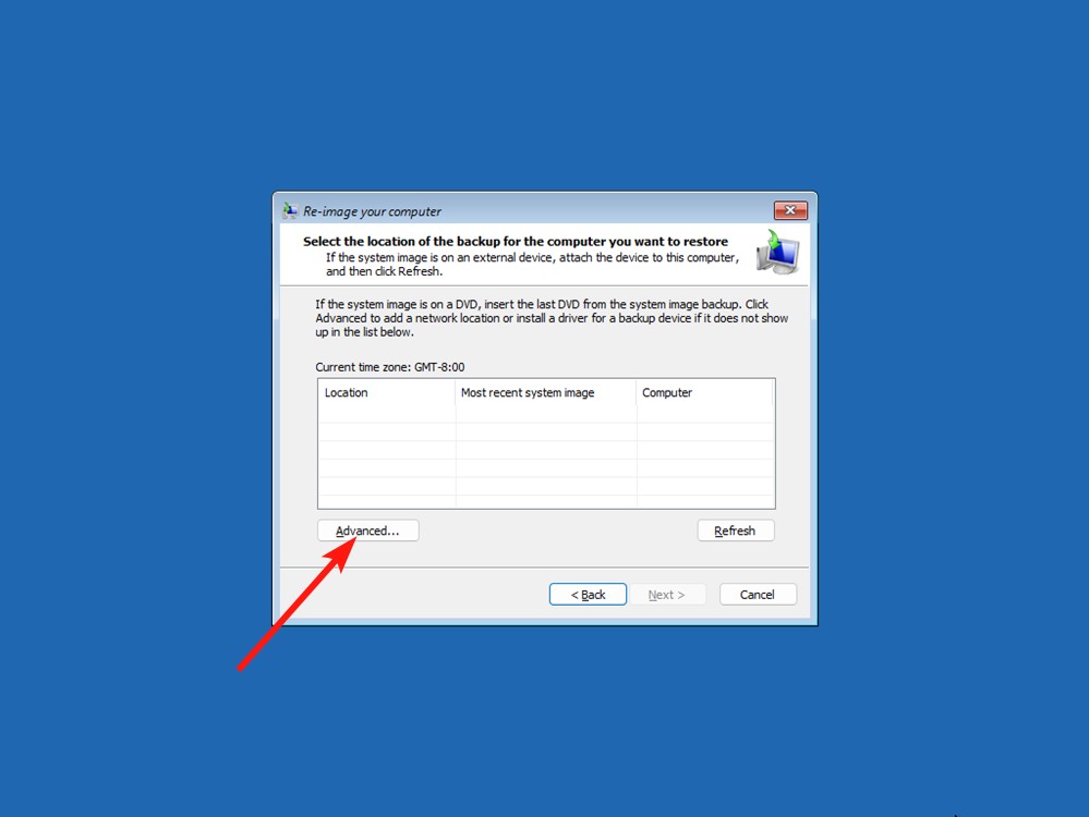 Advanced options in windows recovery image window