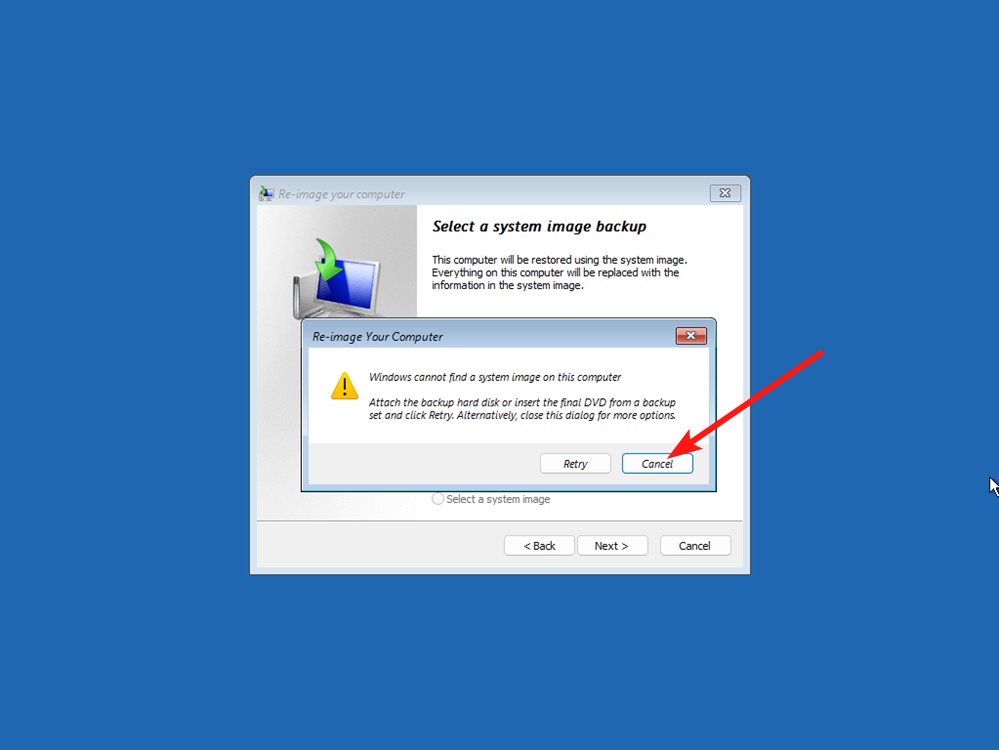 Windows systen recovery image not found with cancel button