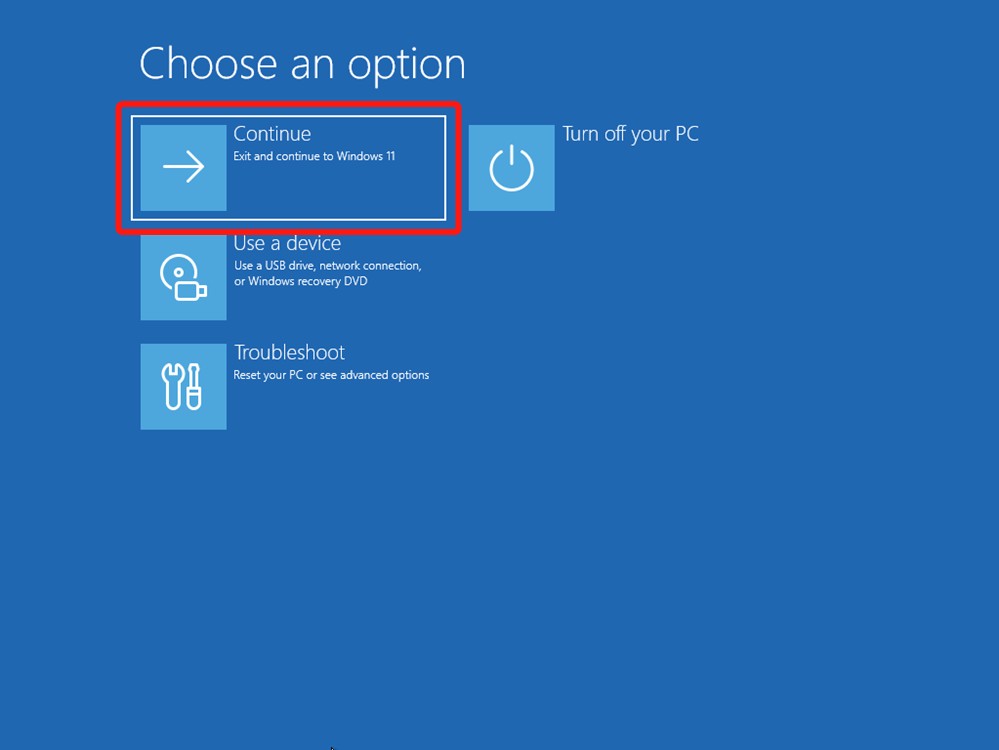 Click Cancel and continue to windows in windows recovery