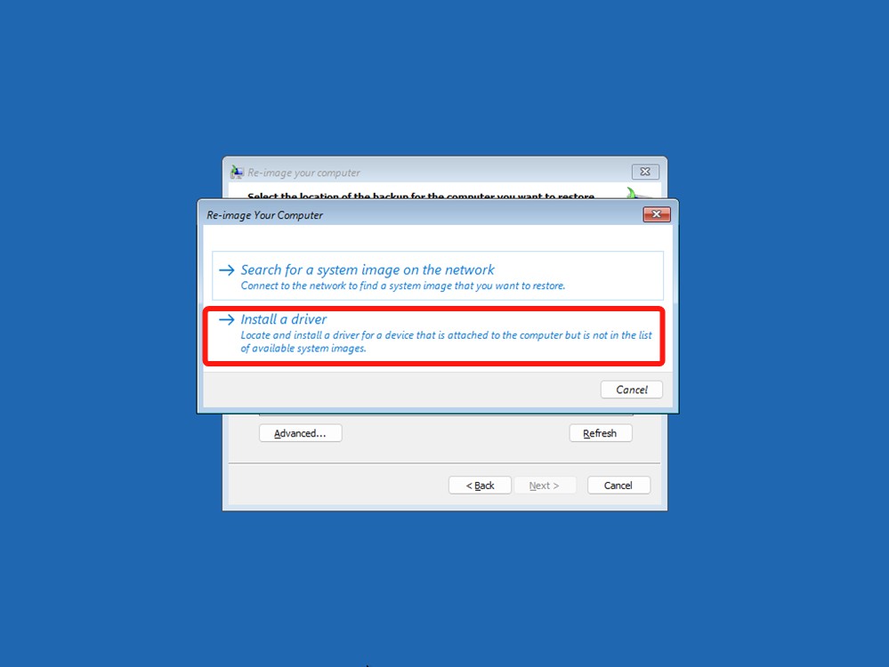 Windows install a driver option iN Windows recovery image window